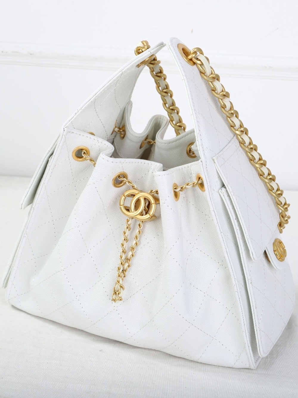 White Caviar Leather Quilted Chain Shoulder Bag